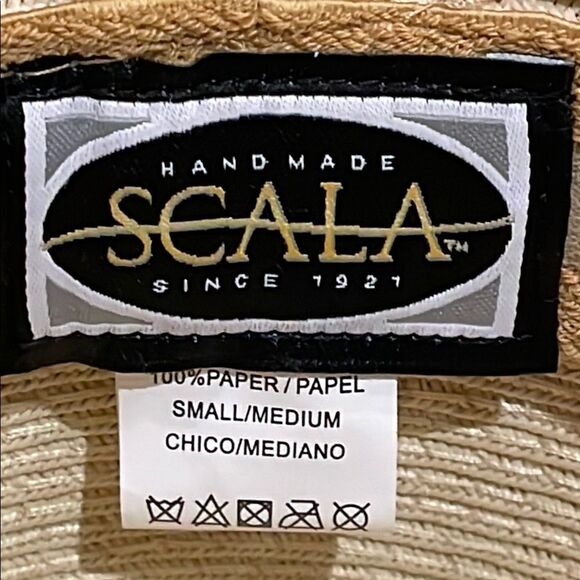 Scala Cream and Black Paper Straw Fedora Hat Mens Size Small/Medium - Picture 2 of 11